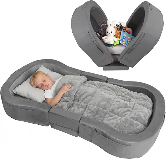 Foldable Foam Toddler Travel Bed with Washable Cover | Portable Floor Cot for Kids 2548 Months, Easy to Use, Compact for Grandparents' House, Camping, Hotel Stays, Grey