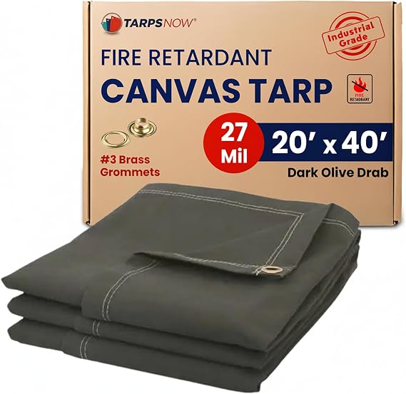 Tarps Now 20x40 Ft Fire Retardant Canvas Tarp with Brass Grommets - 27 Mil Industrial Grade Heavy Duty Tarp for Camping, Construction, Residential, and Agriculture - 16oz, Olive Drab