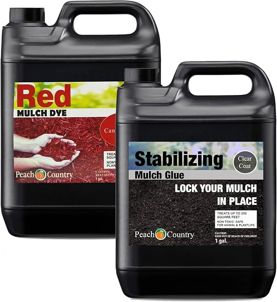 Candy Apple Red Mulch Dye Color Concentrate (1 Gallon, Black) and Stabilizing Mulch Glue Binder (1 Gallon)