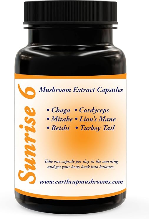 Sunrise 6 Mushroom Supplement Capsule - Chaga, Cordyceps, Lion's Mane, Maitake, Reishi, Turkey Tail, Real Fruiting Body - No Fillers
