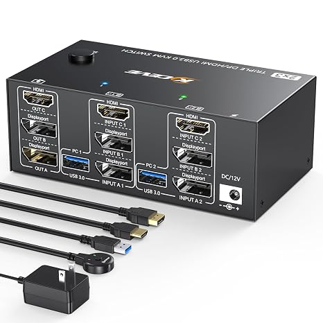 KVM Switch 3 Monitors 2 Computers HDMI DP, USB 3.0 KVM Switch Triple Monitor 8K@60Hz 4K@144Hz for 2 Computer Share Mouse Keyboard, Wired Remote(8K DP HD 2 in 3 out KVM)