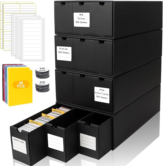 12000+ Trading Card Storage Box with 48 Dividers, Labels and Drawers, Card Storage Cardboard Box for TCG, MTG, PTCG, Sports Cards