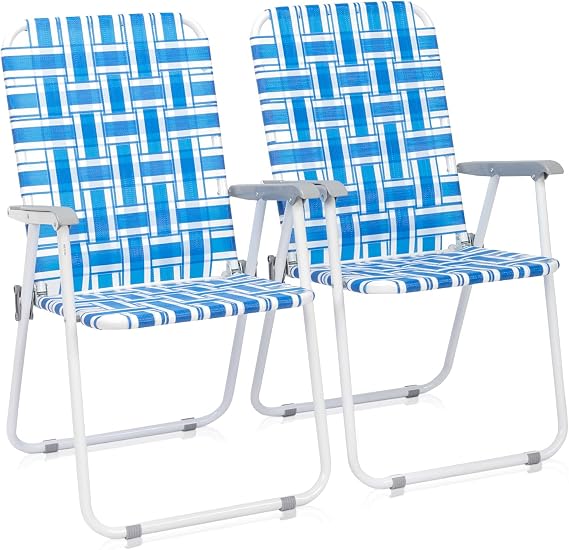 Vasitelan Patio Lawn Chairs Folding Chairs Set of 2, Webbed Folding Chair Outdoor Beach Chair Portable Camping Chair for Yard, Garden (Blue& White)