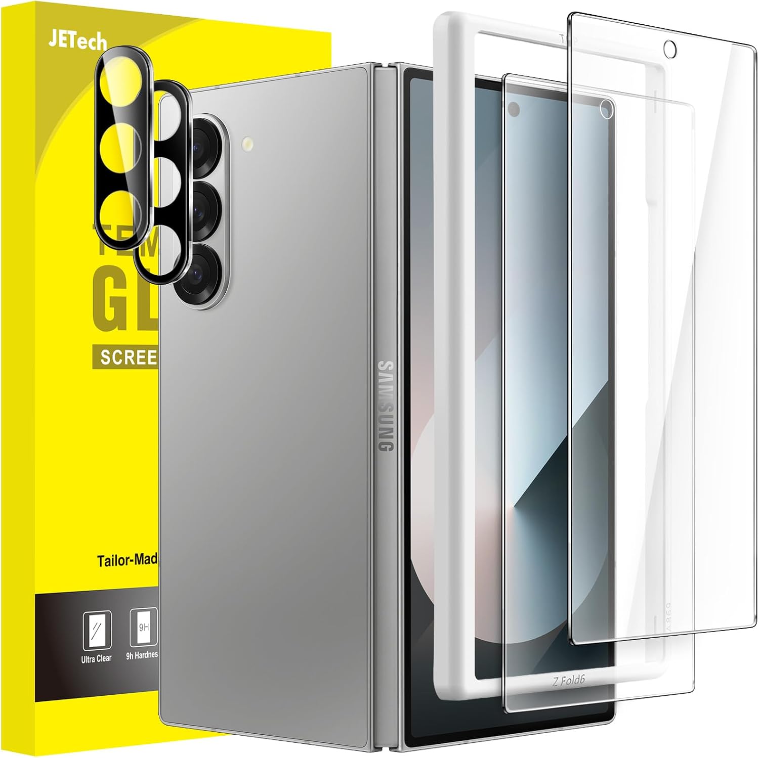 JETech Front Screen Protector for Samsung Galaxy Z Fold 6 with Camera Lens Protector, Easy Installation Tool, 9H Tempered Glass Film, Anti-Scratch, HD Clear, 2-Pack Each