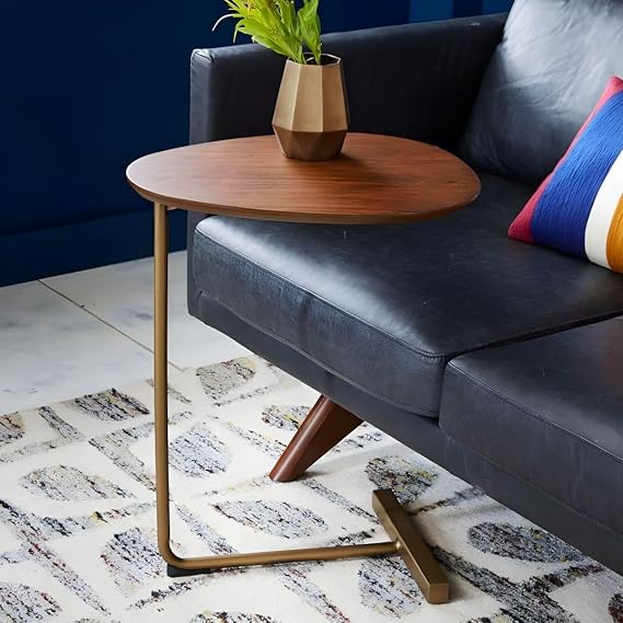 Nordic C Side Table Solid Wood End Table for Living Room C-shaped Small Coffee Table Side Table Sofa Corner Bedroom Bedside Lazy Reading Table Yellow Table Top Gold Base 18"L x 12"W x 23.5"H