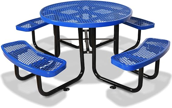 46" Round Metal Picnic Table for 4-8 Person, Durable Heavy Duty Commercial Picnic Table with Umbrella Hole for Outdoor Coffee Shop, School, Hospital, Easy to Install, Blue