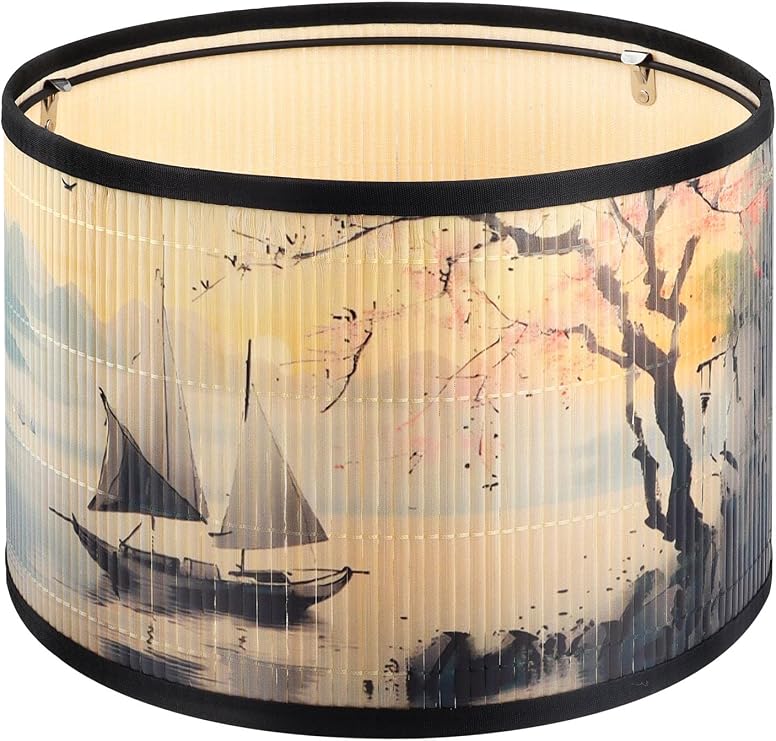 Bamboo Lampshade Drum Shape with Floral Print - Easy Click Closure for Table Lamp, Bedroom & Living Room - Medium (Diameter 30 cm) (Type C)