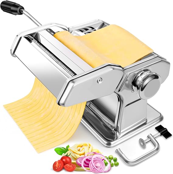 Pasta Maker - 7 Thickness Settings Roller & 2 Width Cutters Pasta Machine | Gift Choice - Stainless Steel, Easy to Use, Durable for Fresh Homemade Pasta, Includes Hand Crank & Table Clamp
