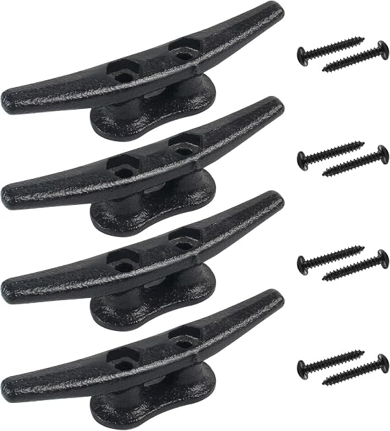 Boat Cleats 4Inch,Hot Dip Galvanized Cast Iron Dock Cleats,Electrophoretic Coated Black Dock Cleats,Rope Cleats Boat Dock Cleats for Marine Deck or Nautical Decor,Hardware Included (4/5/6/10/12Pack)