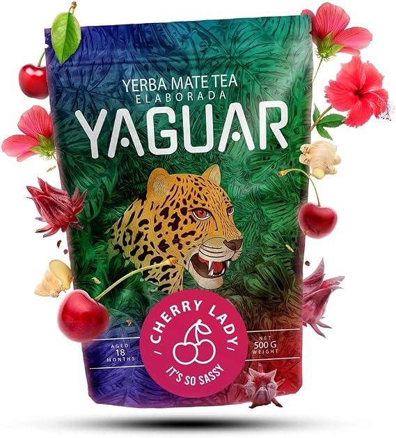 Yaguar Yerba Mate Tea Cherry Lady 0,5kg | Brazilian Yerba Mate 500g | Fruit & Herbal Tea Yerba Mate | Smoke Dried | Cherry | Hibiscus Tea | Rooibos | Ginger | Natural Energy Drink | Loose Leaf Tea