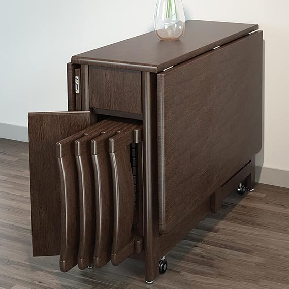 Folding Table, Drop-Leaf Kitchen Table, Walnut Folding Dining Table and Chairs Set, Rectangular Retractable Home Dining Table Includes 4 Chairs, No Assembly Required