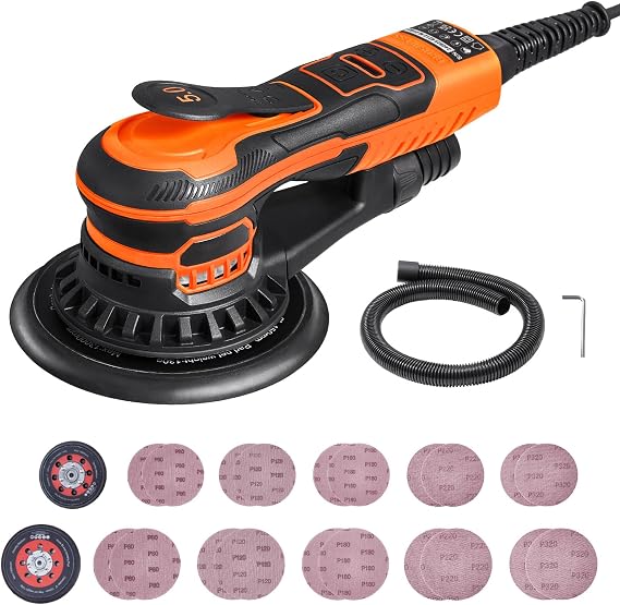 Happybuy Random Orbital Sander 5 & 6-Inch, 350W Brushless Orbital Sander, 10,000 RPM 6 Variable Speed Electric Palm Sander with 20PCS Sandpapers, Dust Connector & Hose for Woodworking