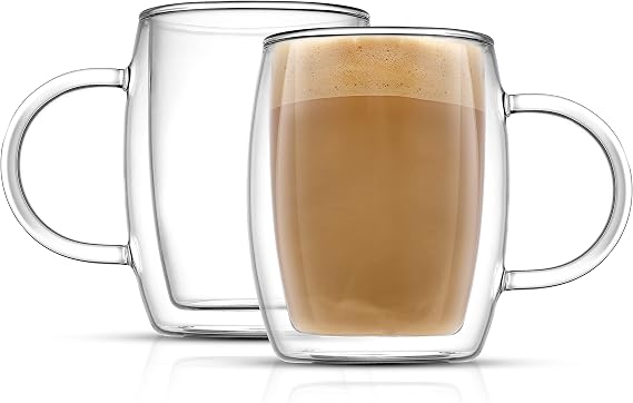 JoyJolt Double Wall Glasses 13.5-Ounce Insulated Mugs Double Walled Glass Cups For Coffee Tea Set of 2
