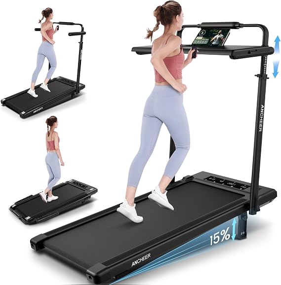 ANCHEER Walking Pad Treadmill with Incline&Adjustable Height,8 in 1 Under Desk Treadmills with Removable Desk Workstation,Foldable Treadmill for Home 350lbs Max,3 Type Control,Installation-Free(Dark)