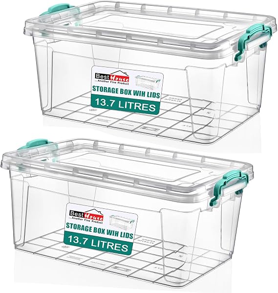 Best House| Plastic Storage Box with Clips & Lid | Size 13.7L (L:43cm W:28cm H:18cm)|Set of 2|Rectangle|Stackable Clear Durable Multipurpose Office Home Kitchen Tool Versatile(SMALL Size)-13.7 Litres