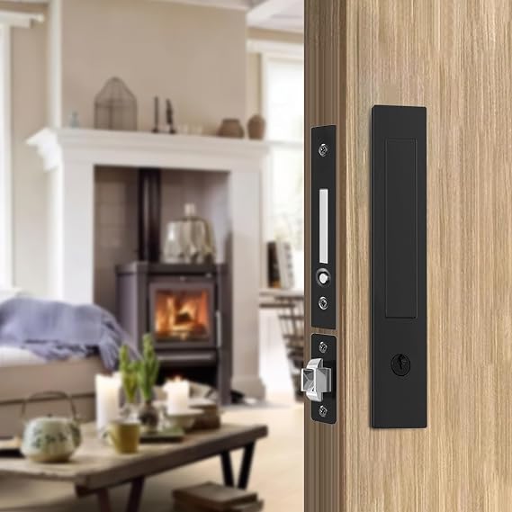 Pocket Door Locks, Edge pulls, Hidden Handles, Pocket Door Locks with Keys, Pocket Door Hardware, Sliding Door Hardware, for Doors 1 5/12" to 2 2/8" Thick (Black)
