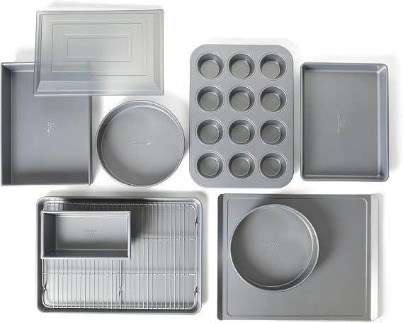 Calphalon Titan 10-Piece Nonstick Bakeware Set, Baking Sheet Set, Steel Core PFA-Free Nonstick Coating, Oven Safe, Includes Sheet Pans, Muffin Pan, Round Cake Pans, Loaf Pan and Cooling Rack - Silver
