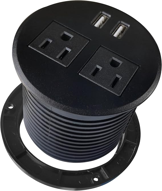 Desktop Power Grommet with Two Power Sockets, Two Quick USB Charging Ports, 6ft Power Cord and Lock Ring (Black)