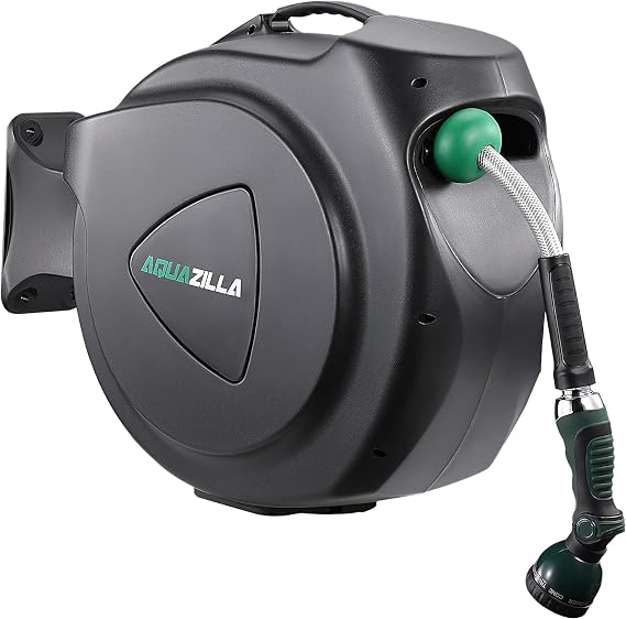 Retractable Garden Hose Reel, 100Ft x 5/8" Durable Wall Mounted Water Hose Reel with 180 Swivel Bracket, 9 Pattern Sprayer, 6Ft leader hose,Smooth Automatic Rewind, Any Length Lock.