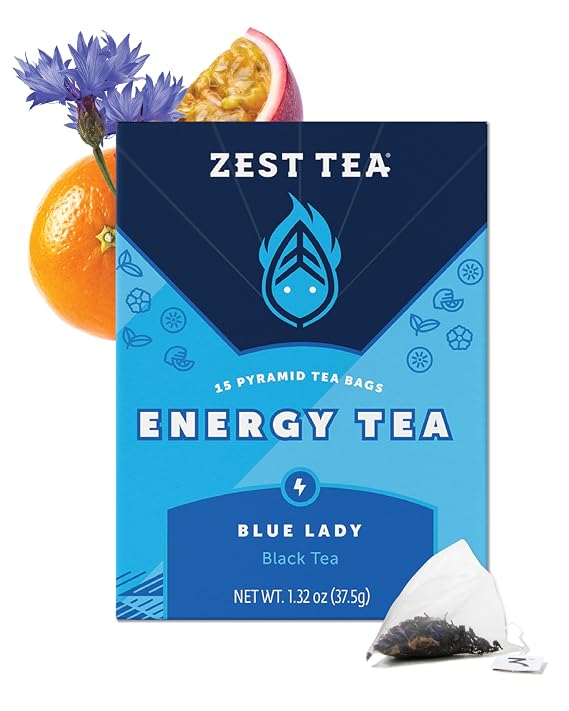 Zest Energy Tea Bags Blue Lady Passion Fruit Black Tea High Caffeine Tea for Morning Energy, Focus & Clarity Natural Caffeinated Tea with 150mg Caffeine 15Ct Box Non-GMO & Keto Friendly