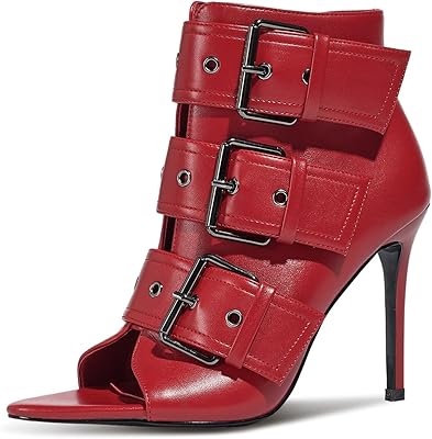 Womens Peep Toe Booties Sandals Stiletto Heel Ankle Boot Heeled Sandals Metal Buckle Side Zipper Sexy Dance Shoes