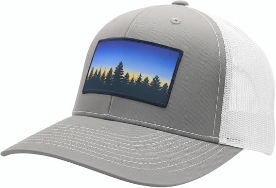 LINDO Trucker Hat [ Treeline Sunset Design ] for Men and Women: Mid Profile Cap with Breathable Mesh Back and Adjustable Snap