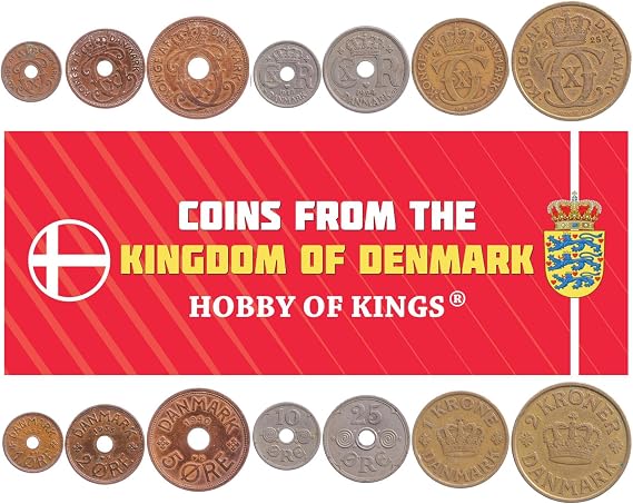7 Coins from Denmark | Danish Coin Set Collection 1 2 5 10 25 Ore 1 2 Kroner | Circulated 1924-1941 | Christian X