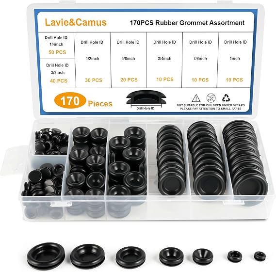 170PCS Rubber Grommet Kit, Closed Hole Plugs, Rubber Grommets for Wiring, Cable Grommet for Automotive, Electrical, Round Holes, Wiring, Plumbing- Drill Hole 7 Sizes: 1/4" 3/8" 1/2" 5/8" 3/4" 7/8" 1"