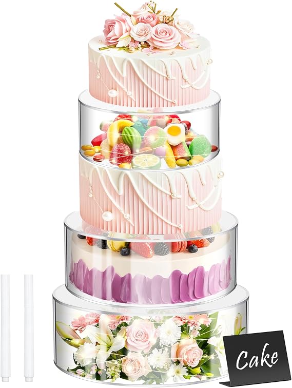 3 Pcs Acrylic Cake Stand Set with LED Lights 6'', 8'', 10'' Clear Round Fillable Display Risers with 3 Mini Signs & 2 Marker Pens for Wedding, Birthday, Party, Buffet Food and Dessert Display