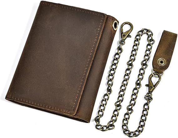 Men's Chain Wallet Men's Retro Cowhide Short Three Fold Men's Wallet Clip Coin Pocket Money Bag with Chain Brown Wallets