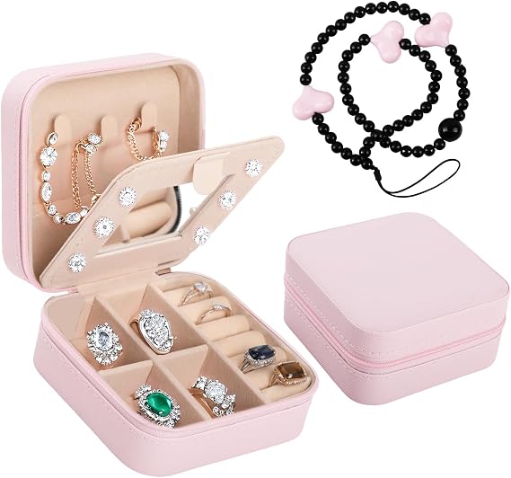 WD&CD Travel Jewelry Case, Small Travel Jewelry Organizer, Portable Storage Organizer for Rings Earrings Necklaces Watch lipstick, Pink