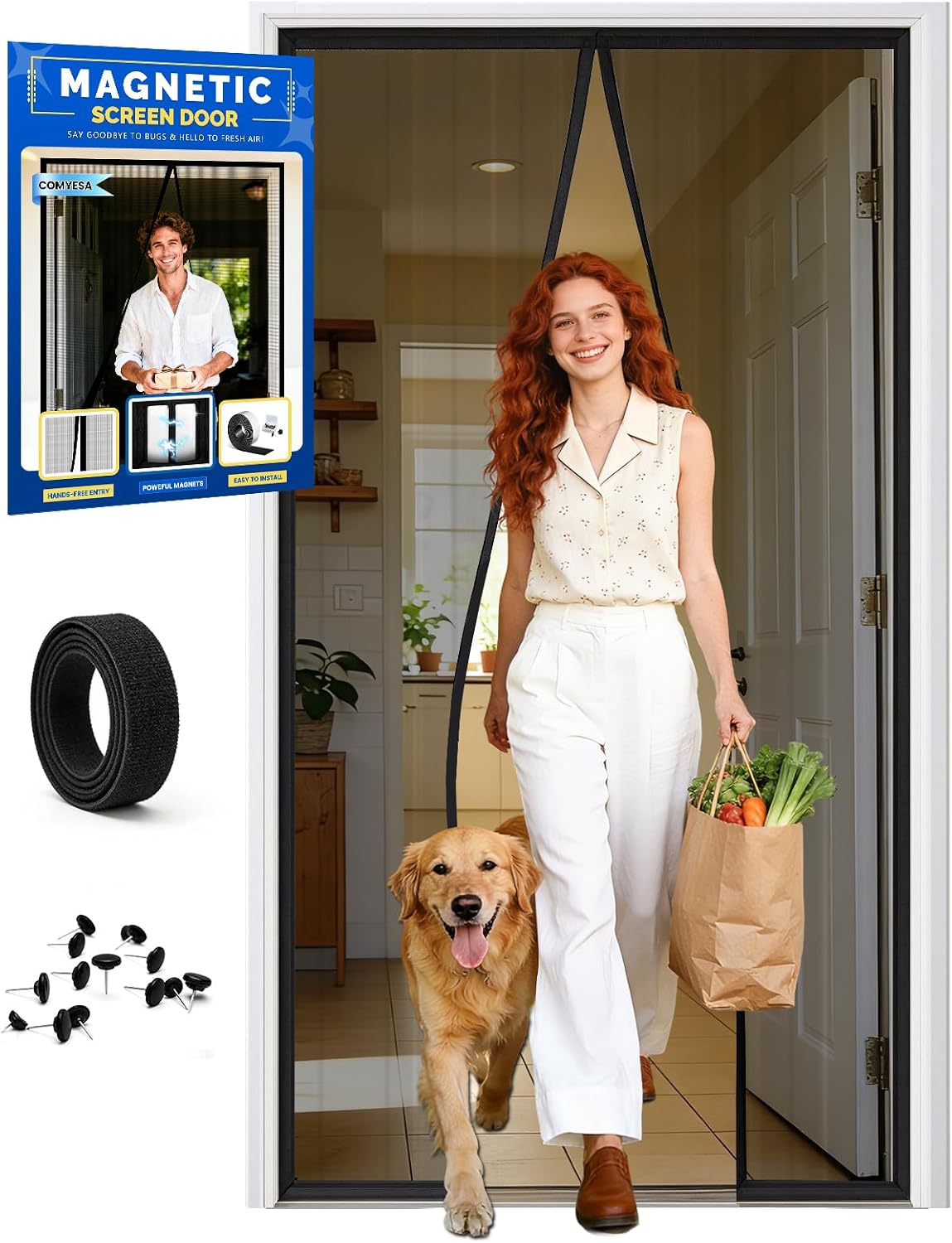 Fly Screens for Doors – Durable Door Fly Screen Curtain with Magnetic Fly Screen Door, Hands-Free Auto Closing, No Drill Installation, 90x200cm