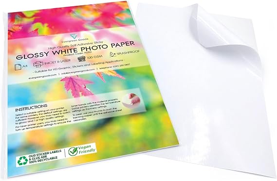 A4 White Glossy Self-Adhesive Printable Sticker Paper | 10 Sheets | Splashproof Inkjet & Laser Compatible | Photo Quality Print | Product Labels, DIY Crafts, Scrapbooking | Evergreen Goods