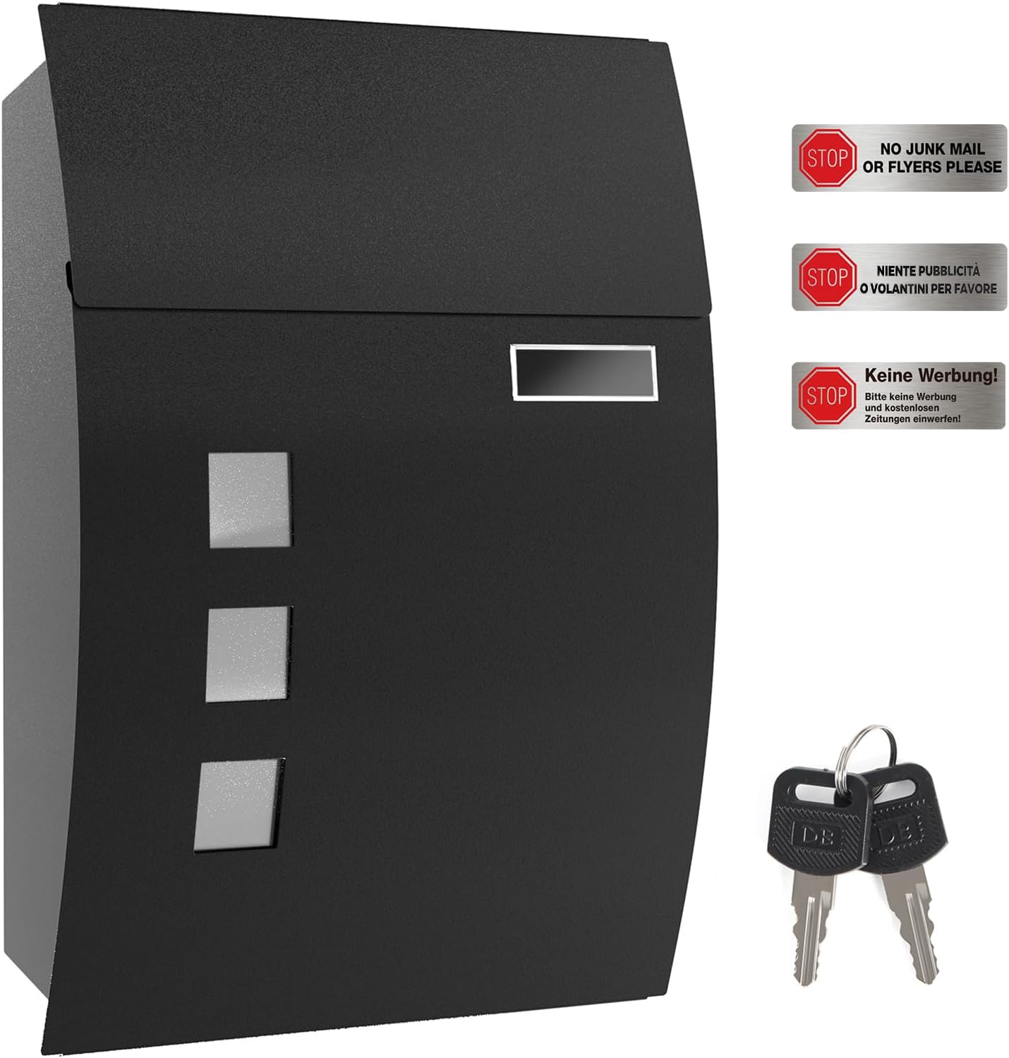 SONGMICS Mailbox, Wall-Mounted Lockable Post Letter Box with Viewing Windows, Nameplate, and Keys, Easy to Install, Black GMB30BK