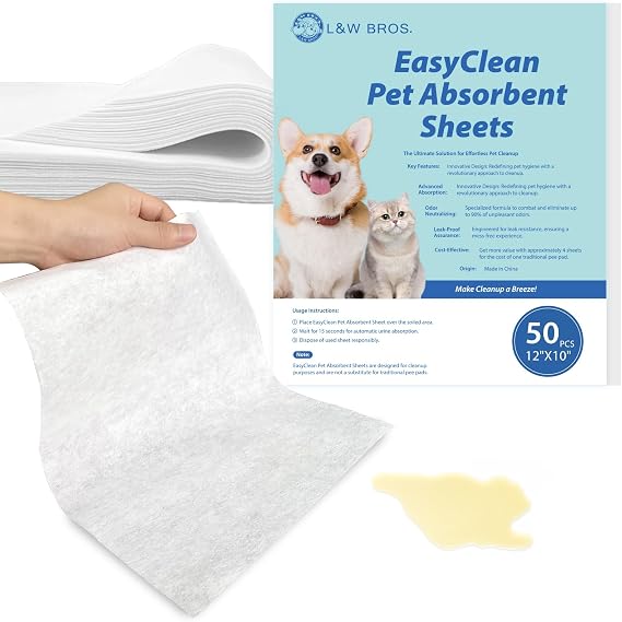 Pet Pee Quick-Absorb Sheets 50 pcs Disposable Absorb Pee Sheets for Cats Dogs, 12"x10" Dog Pee Sheet, Double-Sided Absorbent Urine Sheets, Quick Drying Sheet for Dog Pee Liquid