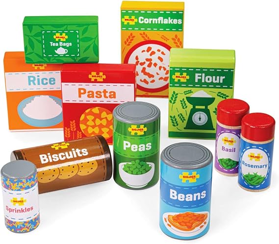Bigjigs Toys Wooden Cupboard Groceries | Pretend Play Food for Kitchen Set | Supermarket Shopping Accessories | Montessori Educational Tool for Toddlers | Kids Gifts for 3+ Year Old Children