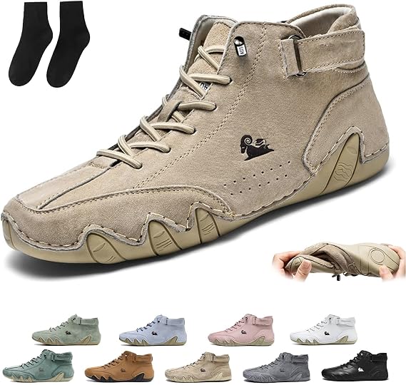 Mens Handmade Suede High-Top Boots, Fashion Waterproof Lightweight Breathable Non-Slip Beck Shoes for Walking and Everyday Wear(Khaki,US 12)