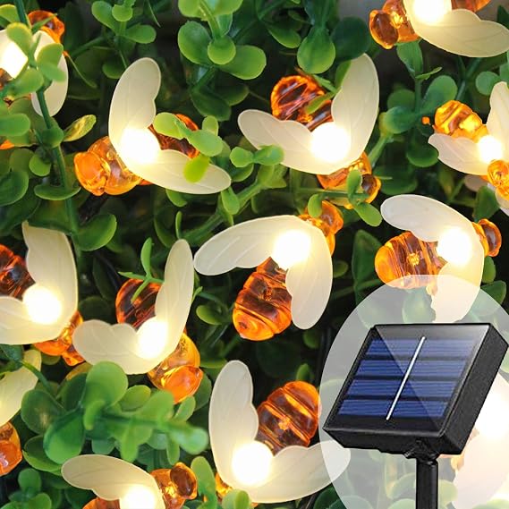 Solar Bee String Lights 20ft Outside, 40 LED Honeybee Fairy Lights Outdoor, Waterproof Solar Powered Bee Lights for Patio Yard Garden Grass Decor, Warm White