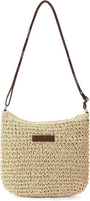 RNIEGA Straw Beach Bag for Women Small Woven Crossbody Bag Summer Mesh Hollow Beachy Purse Shoulder Bag for Vacation