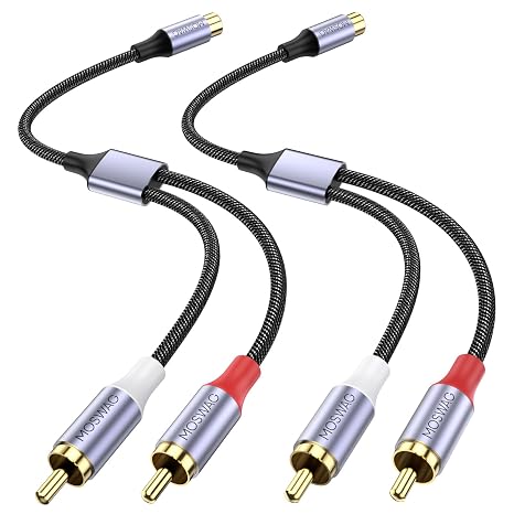 MOSWAG RCA Splitter 1 Female to 2 Male 2 Pack, Stereo RCA Y Adapter-8 Inch | Gold Plated RCA Y Splitter 1 Female to 2 Male, RCA Audio Video Cable Extension Cord for Subwoofer, Amplifier, Speaker & More