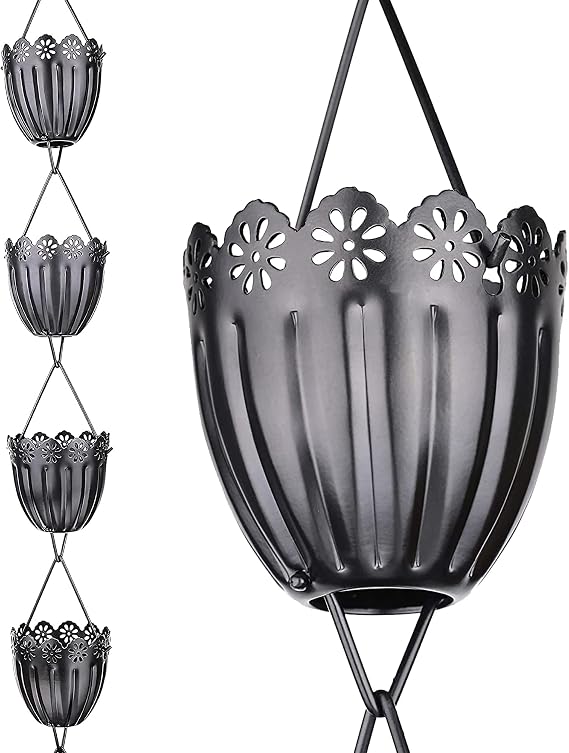 Rain Chains for Gutters, 8.5 Ft Black Aluminum Fluted Flower Gutter Chain