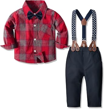 Yilaku Baby Boy Clothes Toddler Dress Outfits Infant Gentlman Suit 4 Piece Shirts  Bow Ties  Suspenders Pants Set