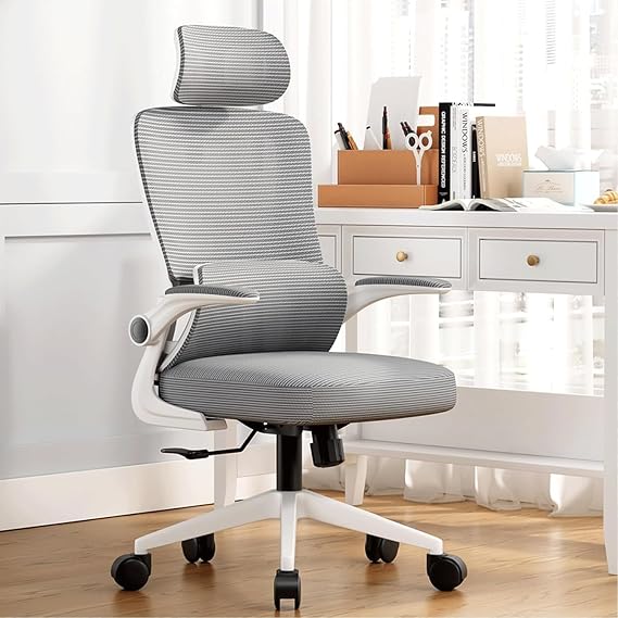 Ergonomic Office Gaming Computer Desk Chair with 360 Swivel Adjustable Back Support Flip up Armrest Comfy Mesh Design Ideal for Study Work Executive Office Living Room B,GreyOne Size