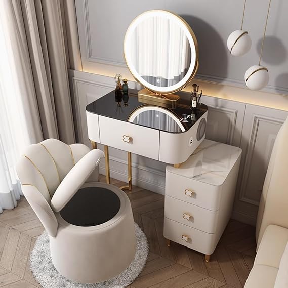 Dressing Table with LED Lights,Dressing Table with Wireless Charging Station,Vanity Desk,Makeup Vanity Desk with Cushioned Stool Free Retractable Side Cabinet,for Bedroom Girls Women