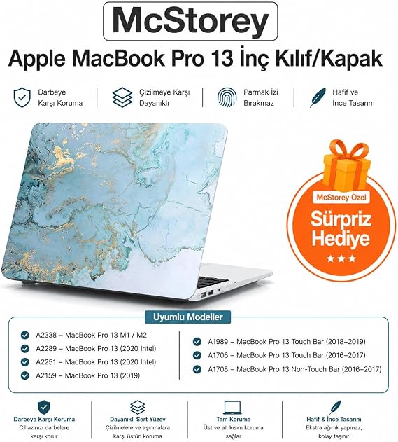McStorey MacBook Pro 13 Mermer Desenli Kılıf A1706 A1708 A1989 A2159 A2251 A2289 A2338 M1 M2 Uyumlu TPU Sert Kılıf İnce Hafif Koruyucu Kapak R-38