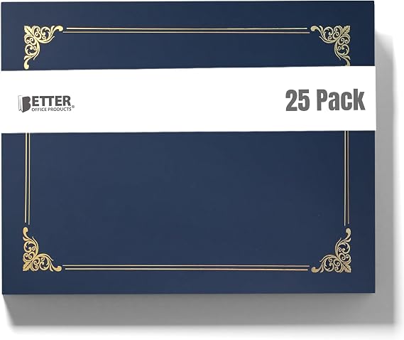 Better Office Products 25 Pack Navy Blue Certificate Holders, Diploma Holders, Document Covers with Gold Foil Border, for Letter Size Paper, 25 Count, Blue