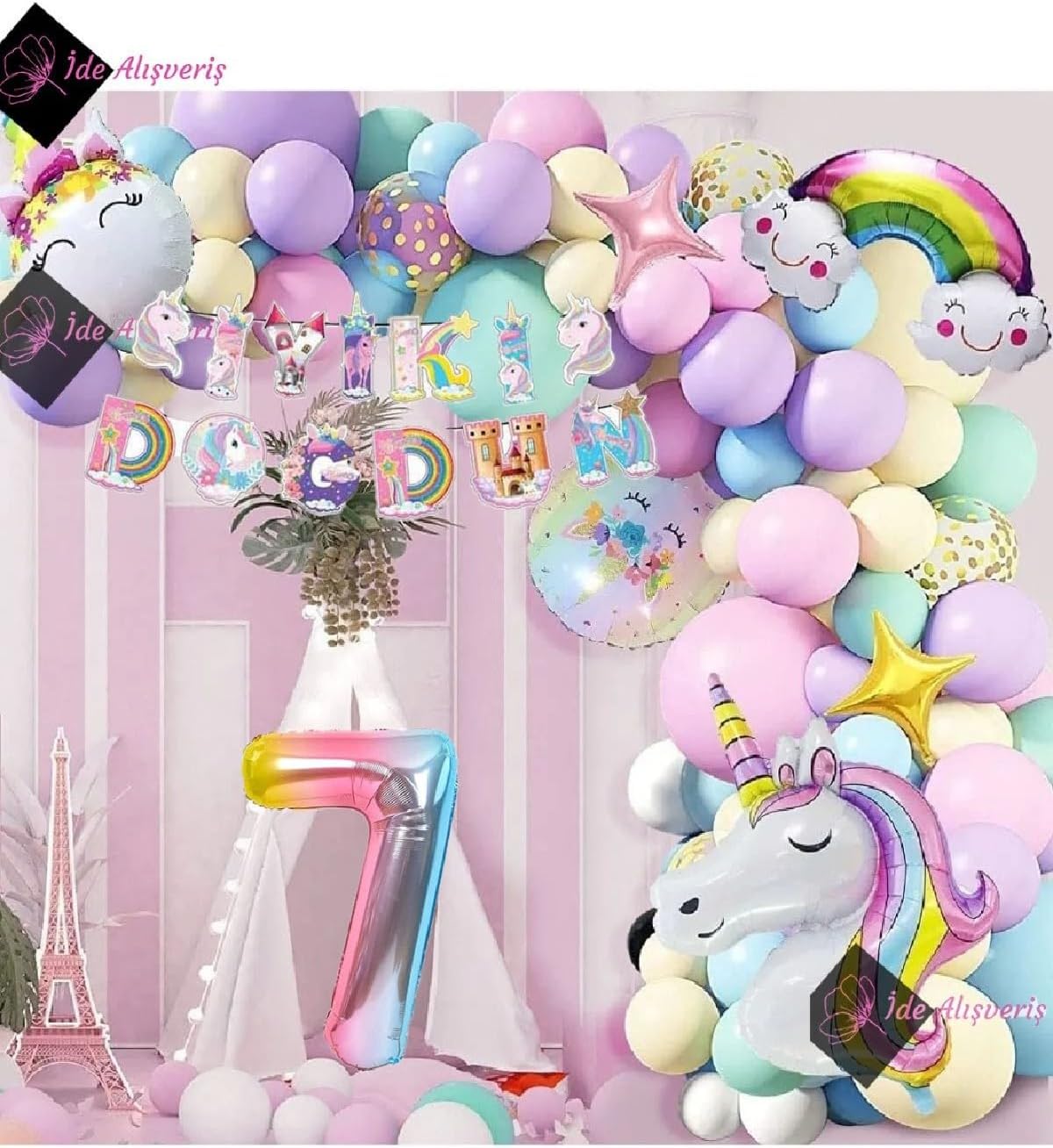Bkmc Unicorn Themed Happy Birthday Macaron Balloon Birthday Party Celebration Set with 7 Year Old Character bmcNM348