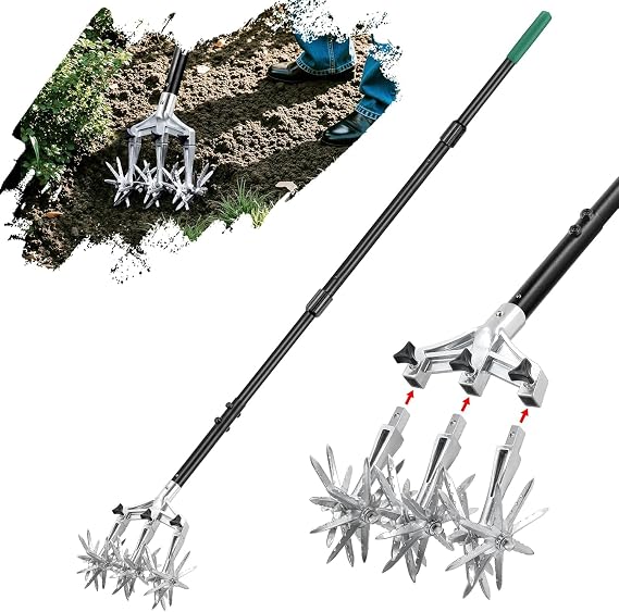 Rotary Cultivator Garden Tool for Gardening and Lawn(61''), Rotary Hand Tiller with Detachable Thicker Rustproof Tines&Sturdy Steel Handle, Manual Tiller Cultivator for Soil or Reseeding Grass