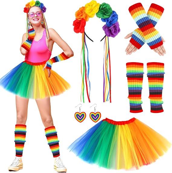 Rainbow Costume for Women, Rainbow Tutu Skirt Flower Headband Socks Arm Warmer Earrings LGBTQ Gay Pride Accessories Rainbow Outfits