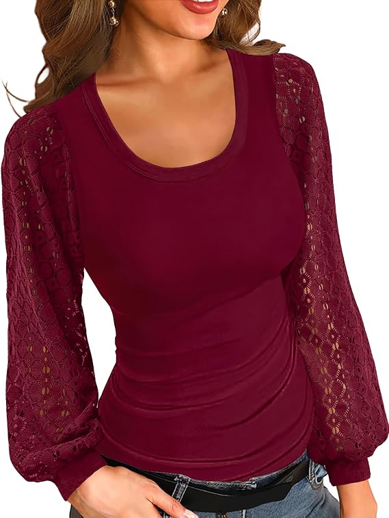 Women's Tops Dressy Lace Long Sleeve Shirts Business Casual Tee Blouses Crew Neck Fall T-Shirt Clothes